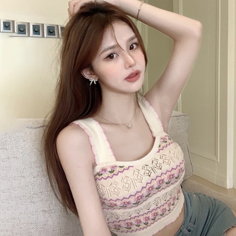 Áo Croptop Dệt Kim Không Tay Họa Tiết Hoa Thời Trang Mùa Hè Hàn Quốc Dành Cho Nữ