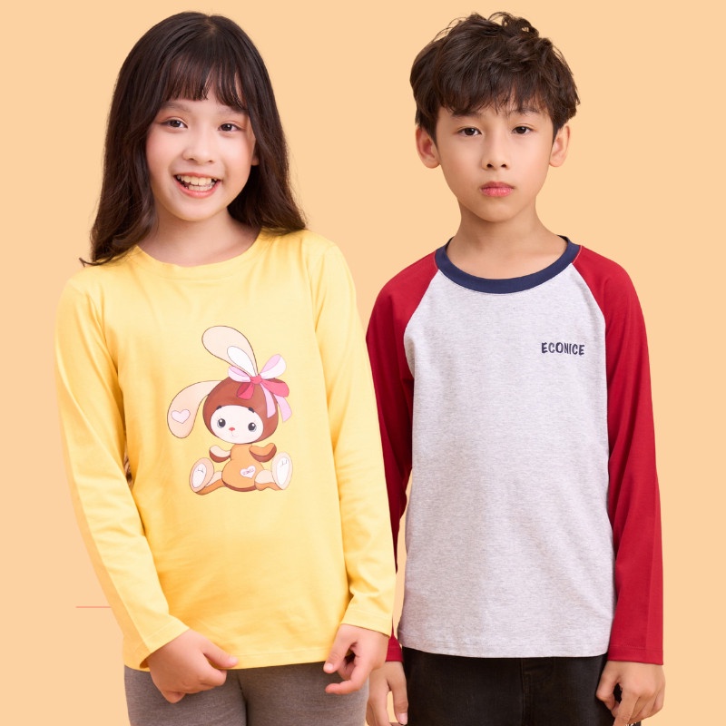 Áo thun cotton dài tay thu đông cho bé trai, bé gái Econice 22-A. Size đại trẻ em 5, 6, 7, 8, 9, 10 tuổi