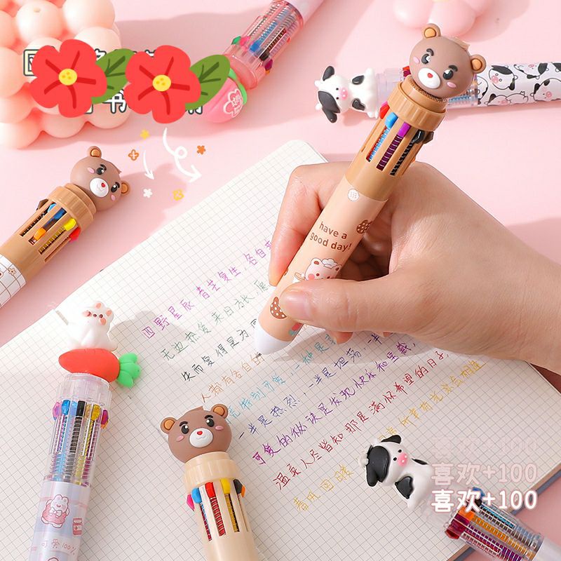 Bút bi 10 màu mực dễ thương khủng long, bò sữa, thỏ cà rốt, gấu xanh/ Bút bi béo lò xo bấm 6 ngòi học sinh, sinh viên