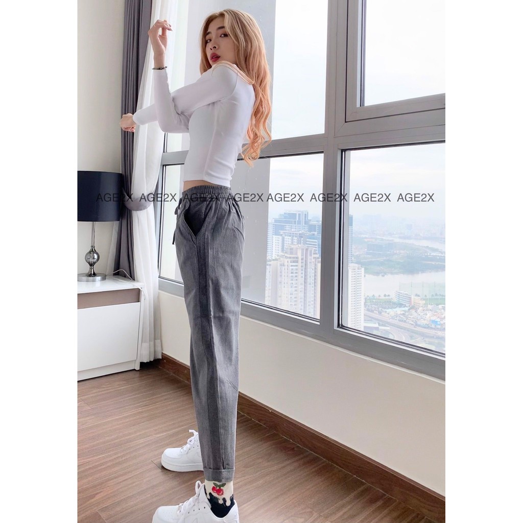 Quần baggy AGE2X chất kaki cotton mềm, có phối bo gân co giãn bên sườn quần tạo độ thoải mái  size s,m,l