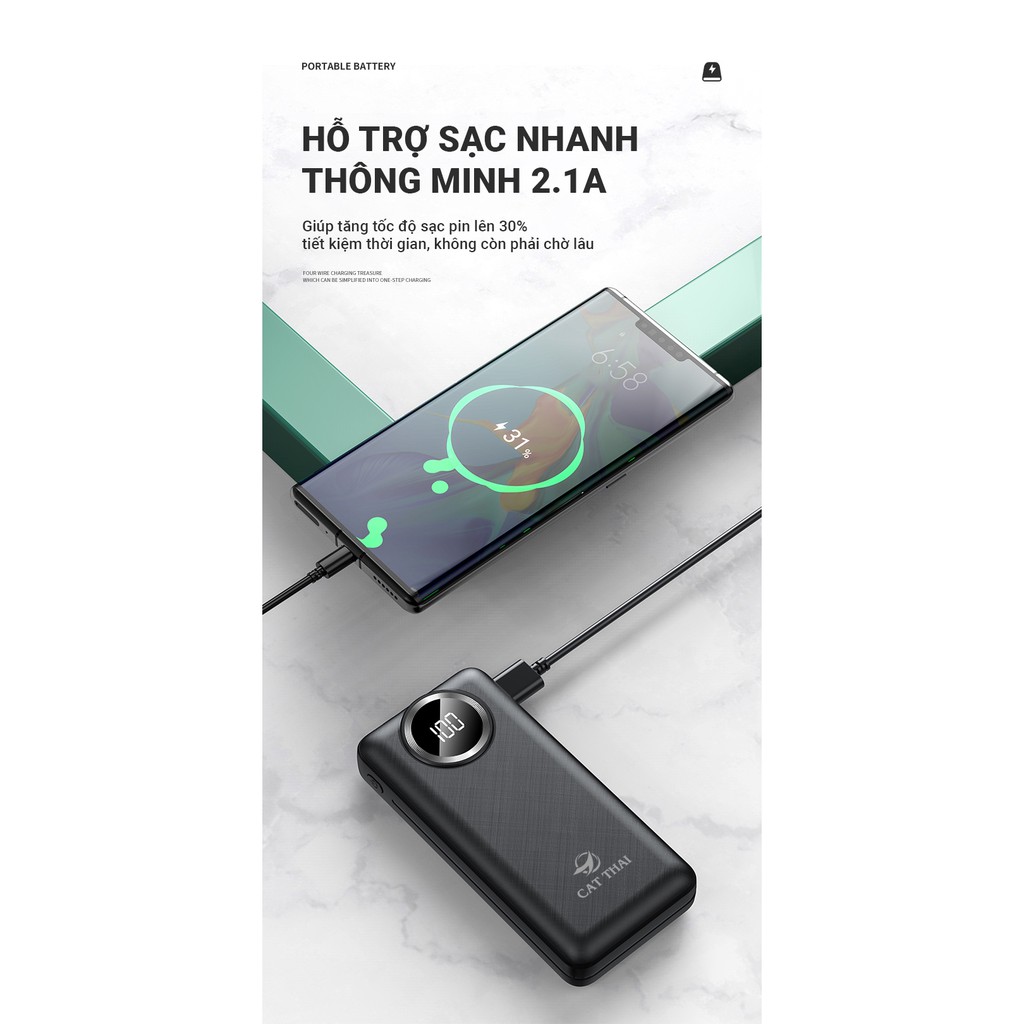 Pin sạc dự phòng Cát Thái KJ-A123 25000mAh có sẵn 4 cáp sạc rất tiện lợi, sạc nhanh thông minh 2.1A, 4 cổng sạc ra