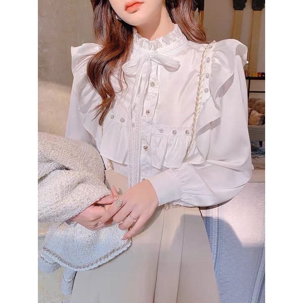 Áo sơ mi bèo cổ ren cúc ngọc KH093, áo sơ mi bèo cổ nơ tiểu thư cho nữ hàng Quảng Châu