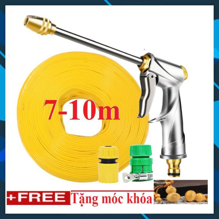 Bộ dây vòi bơm nước rửa xe, tưới cây❤️ ✔, tăng áp 3 lần, loại 7m, 10m 206701-2 đầu đồng,cút,nối vàng+ 🎁 móc khoá