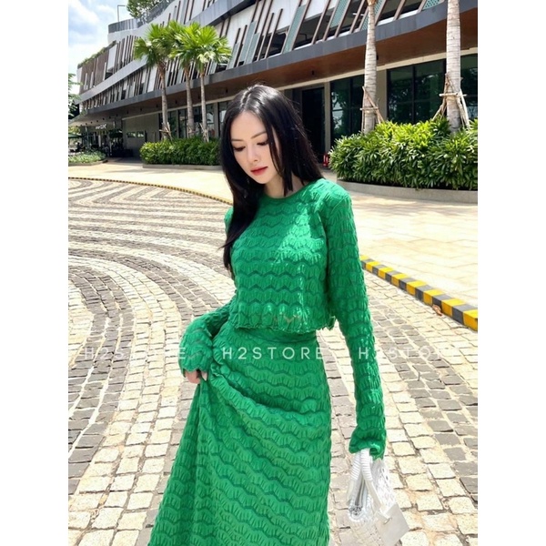 Set áo ren croptop tay dài + chân váy suông Trắng đen vàng xanh lá Đầm váy đi chơi dạo phố du lịch đi biển hotgirl tk