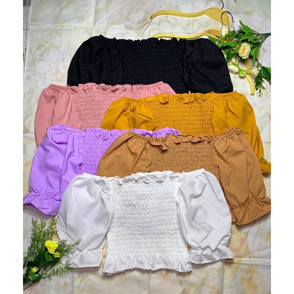 Áo peplum nhún chun trước sau trễ vai tay phồng lỡ chất kate khoe vai trần gợi cảm phong cách trẻ trung hấp dẫn NA