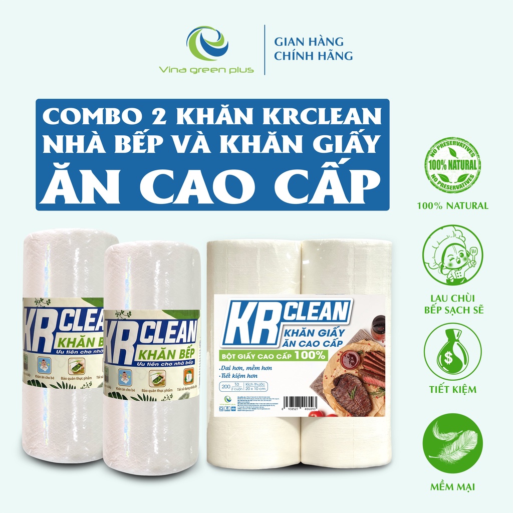 Combo 2 Cuộn khăn lau đa năng Trắng KR Clean 100 tờ + 1 cặp khăn giấy ăn cao cấp KR Clean 200 tờ khổ 10x20