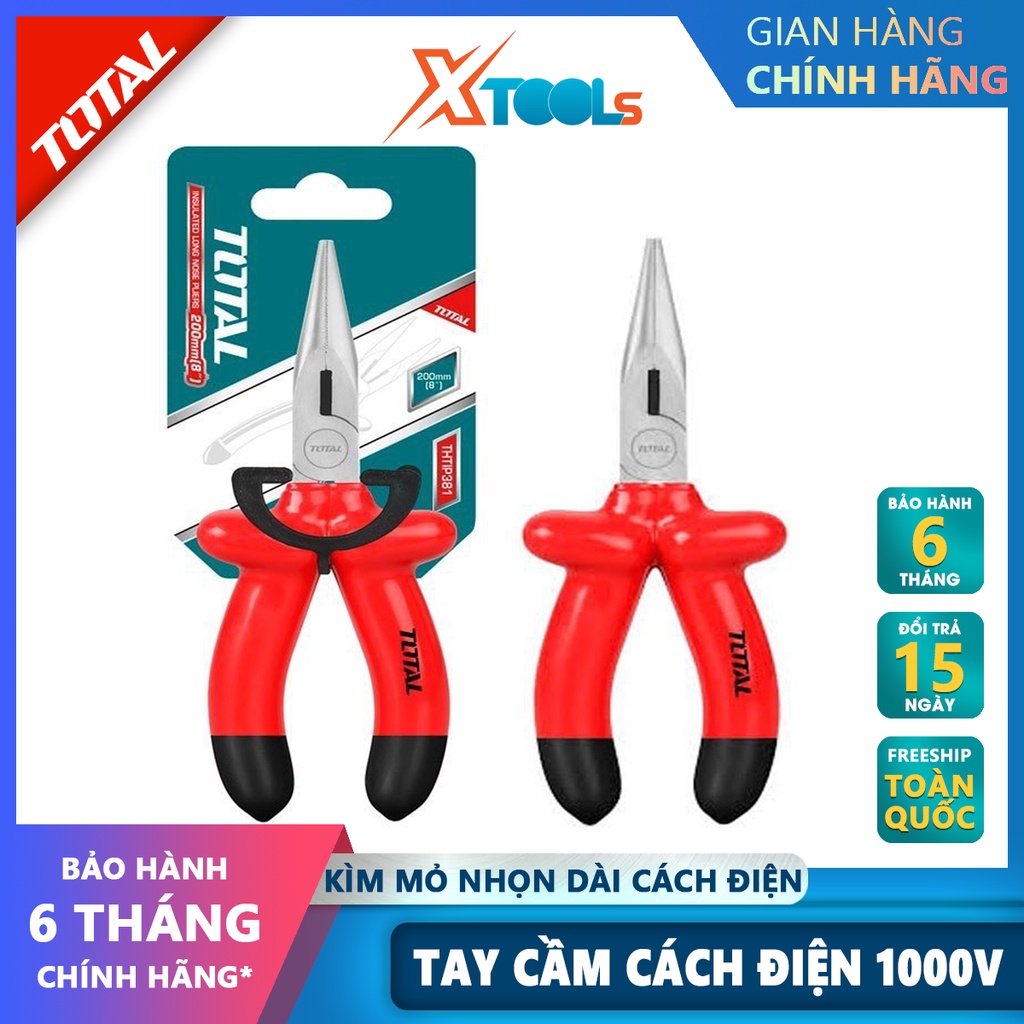 Kìm mỏ dài cách điện TOTAL THTIP381 | kềm cách điện Độ cách điện 1000V, Tay cầm bọc nhựa cách điện, Mũi kìm được làm bằn