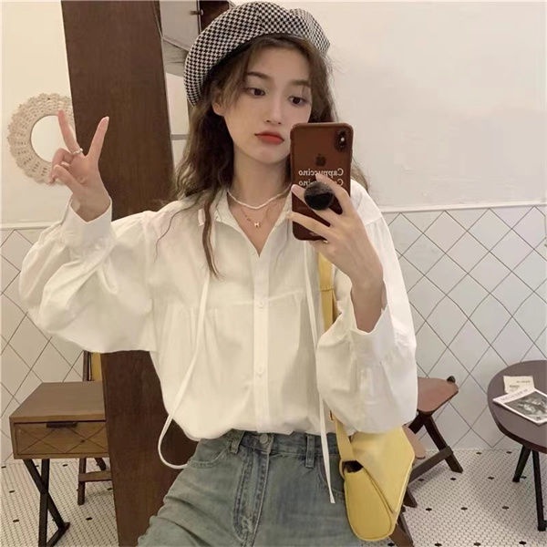 Áo Sơ Mi Tay Dài Dáng Rộng Màu Trơn Cột Dây Phong Cách Pháp Thời Trang Mới Cho Nữ
