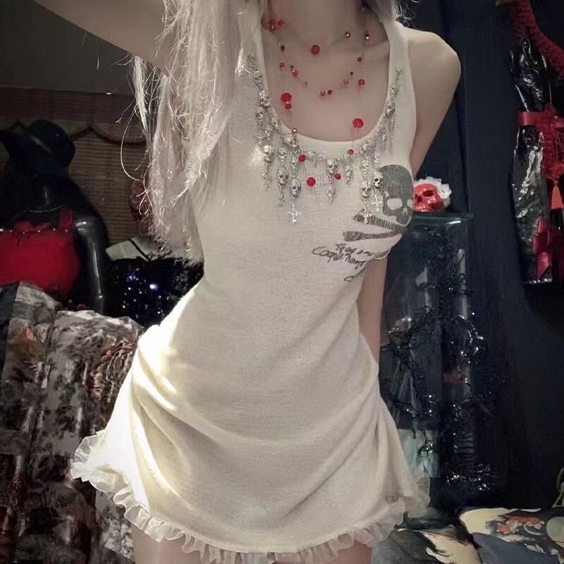 Váy trắng dệt kim dáng ngắn hoạ tiết đầu lâu phong cách Y2K Gothic FOOTMADE