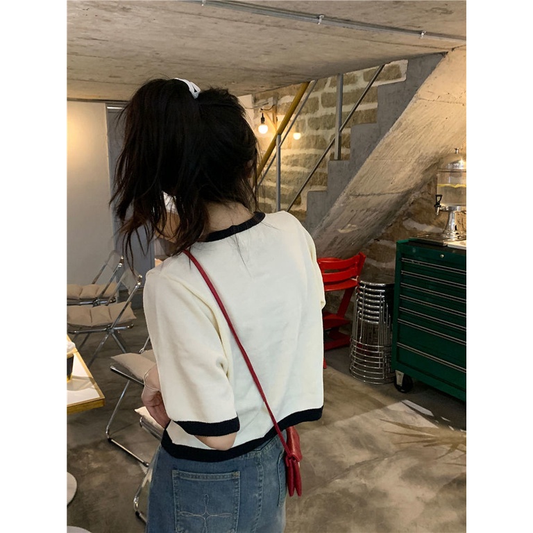 Áo Thun Dệt Kim Tay Ngắn Dáng Rộng In Hình Trái Tim Dễ Thương