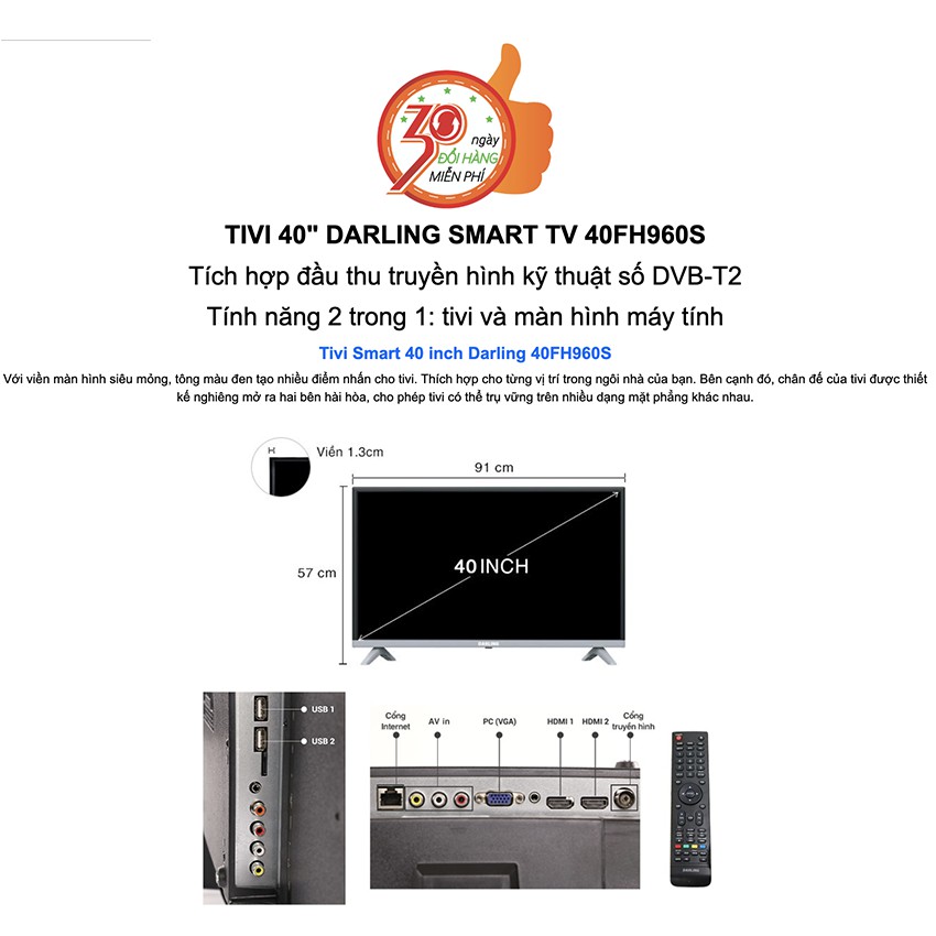 Smart Tivi Led Darling 40 inch Full HD 40FH960S DVB-T2, Wifi, Tivi Giá Rẻ - Hàng Chính Hãng | BigBuy360 - bigbuy360.vn