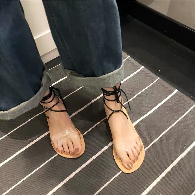 Fashionable Round Head Lace Up Open Toe Low Heel Flat Sandals for Women