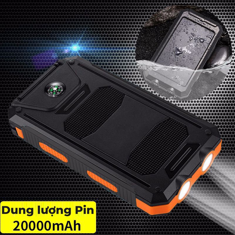 Pin sạc dự phòng năng lượng mặt trời 20000 mAh sạc pin nhanh chóng hàng chính hãng chống nước, có đèn led siêu sáng