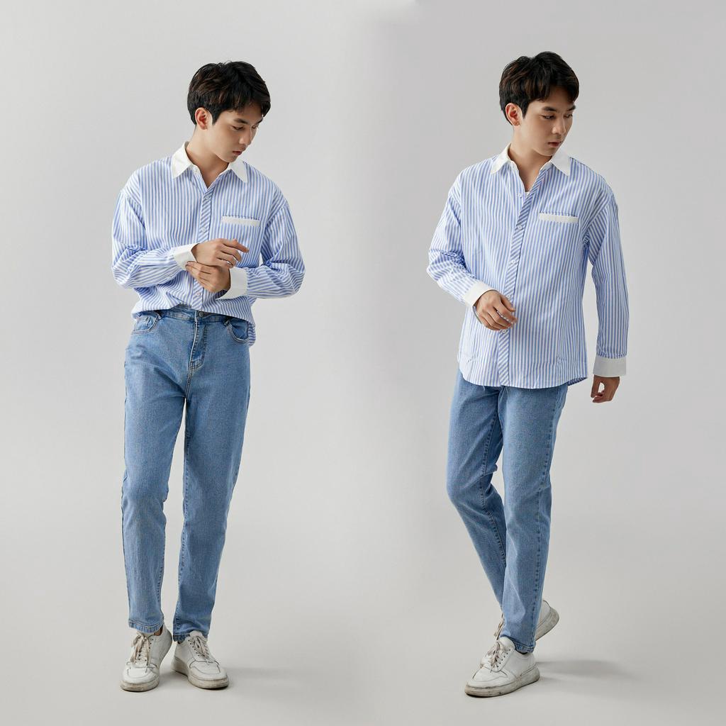 Áo sơ mi nam kẻ sọc dài tay dáng rộng phối màu vải cotton thô thoáng mát Shinee thương hiệu JBAGY - JS0702