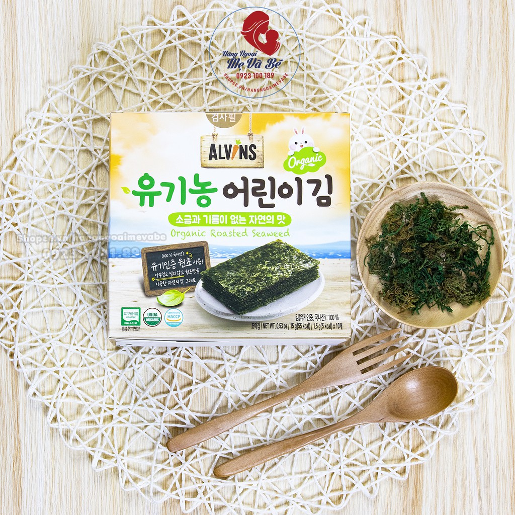 Rong biển TÁCH MUỐI ăn liền dạng lá ORGANIC ALVIN cho bé, rong biển ăn liền, rong biển hàn quốc [Date 1/2022]