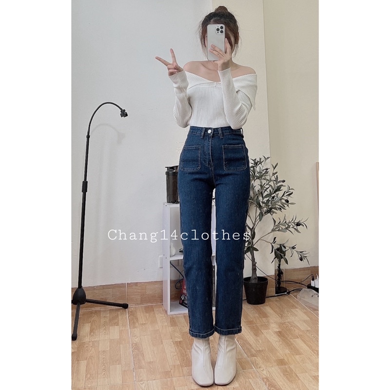 Quần bò nữ trơn jeans loe nhẹ dáng xuông co dãn nhẹ có túi phía trước