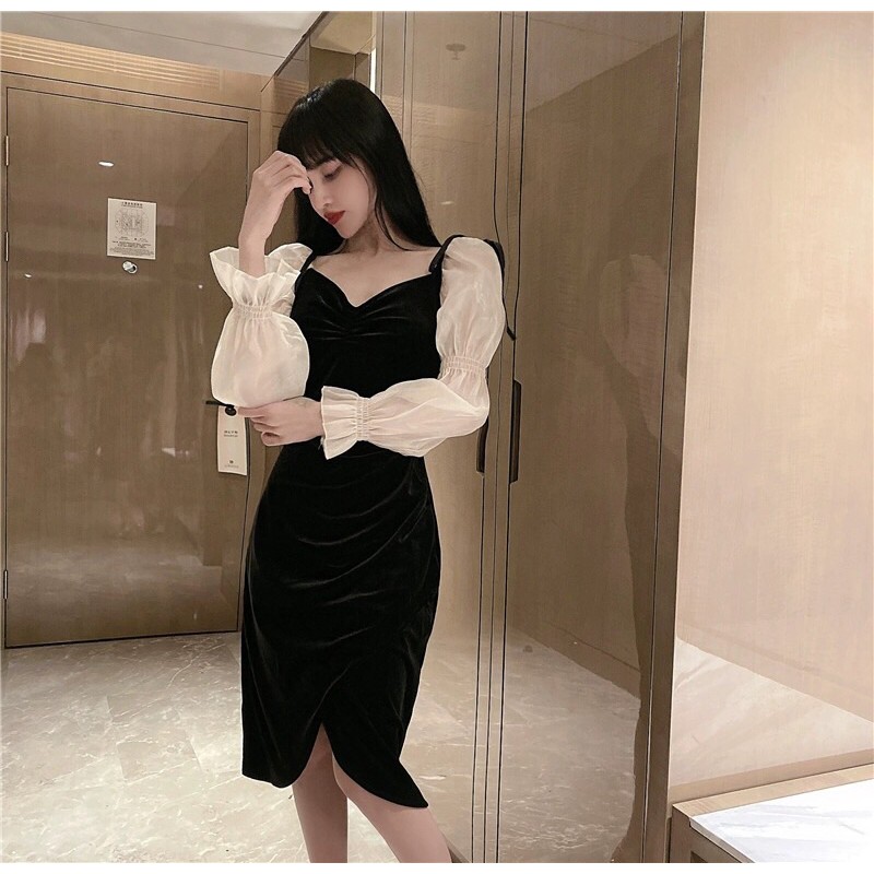 Body nhung nhún ngực tay voan nhún