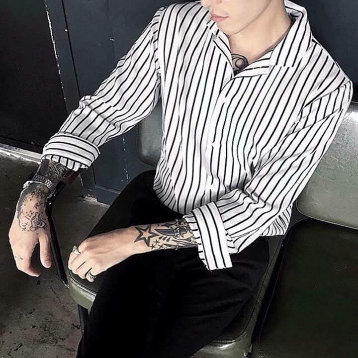 Ao sơ mi nam nữ sọc đen trắng áo sơ mi unisex vải êm bền đẹp chống xù