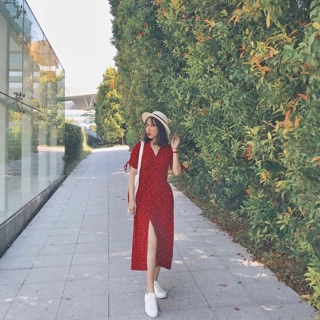 Đầm maxi bi đỏ cột eo - Hình thật