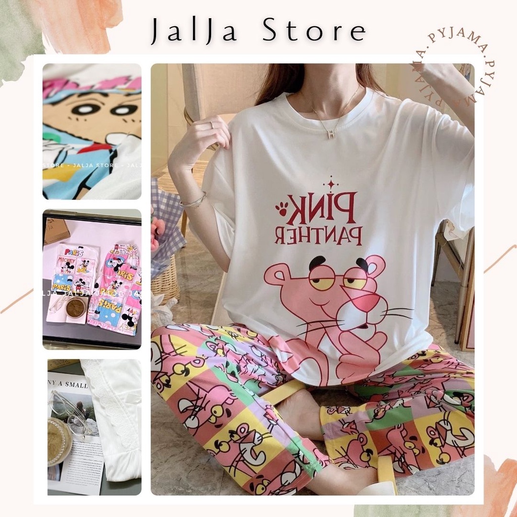 Bộ ngủ mặc nhà cộc tay quần dài đồ bộ họa tiết hoạt hình cute dễ thương chất cotton thun lạnh dáng rộng JALJA Set06