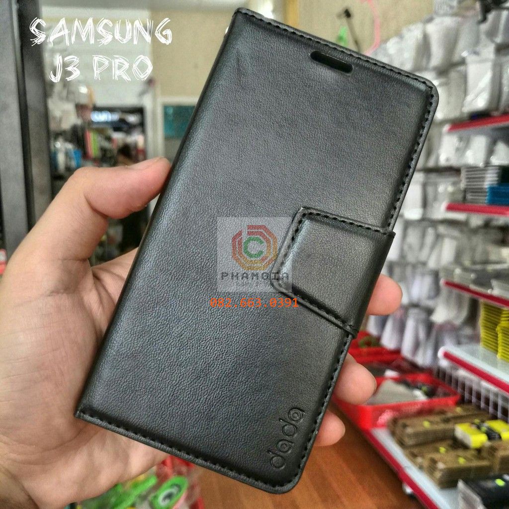 Bao da Samsung J3 pro (J330) nắp gập chống đỡ xem phim, ngăn đựng thẻ