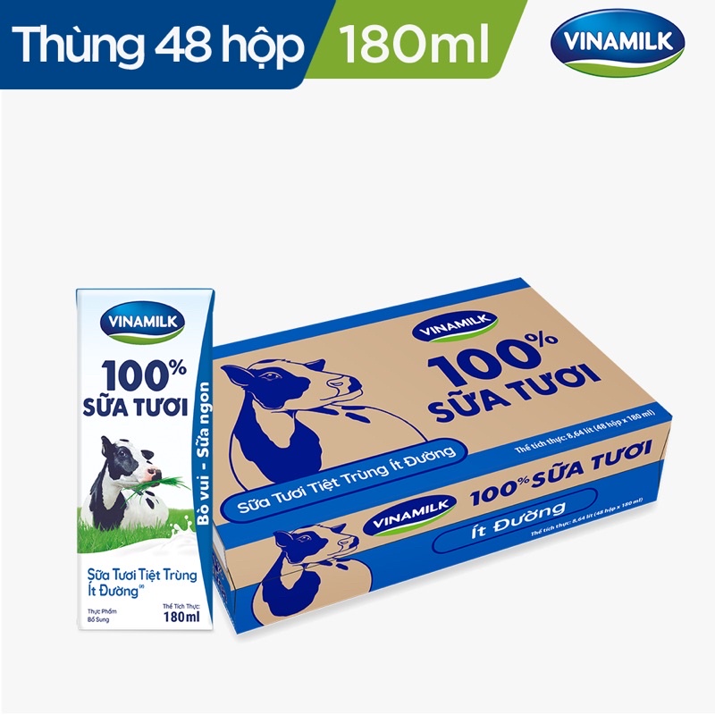 Thùng sữa tươi tiệt trùng Vinamilk Ít đường hộp 180ml (48 hộp)