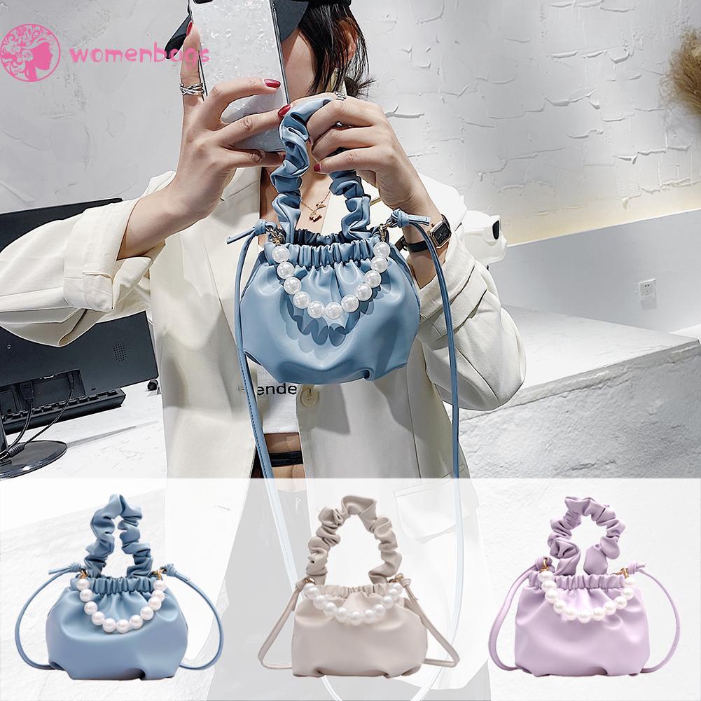 Túi đeo chéo mini xếp nếp bằng da đính ngọc trai thời trang cho nữ