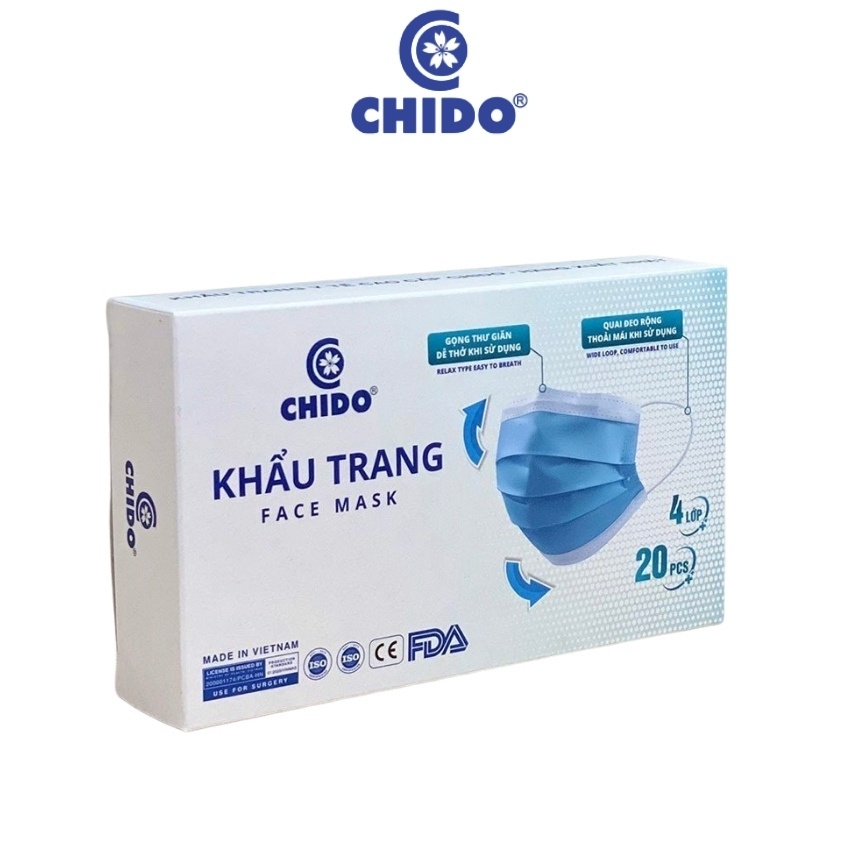 Khẩu trang y tế 4 lớp kháng khuẩn cao cấp Chido Xuất Nhật màu xanh 20 Chiếc 1 Hộp - hàng xuất Nhật