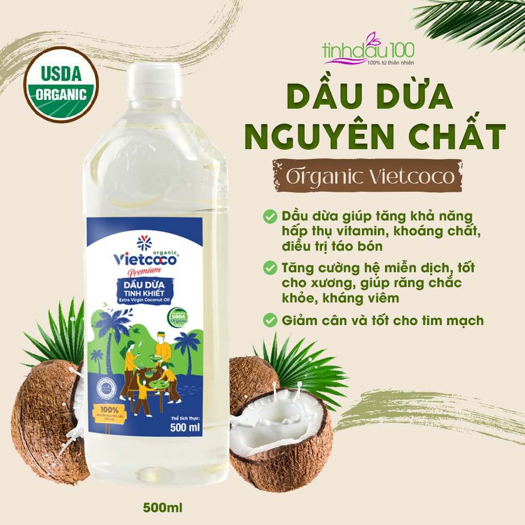 DẦU DỪA TINH KHIẾT HỮU CƠ NGUYÊN CHẤT ÉP LẠNH VIETCOCO - CHAI 1 LIT