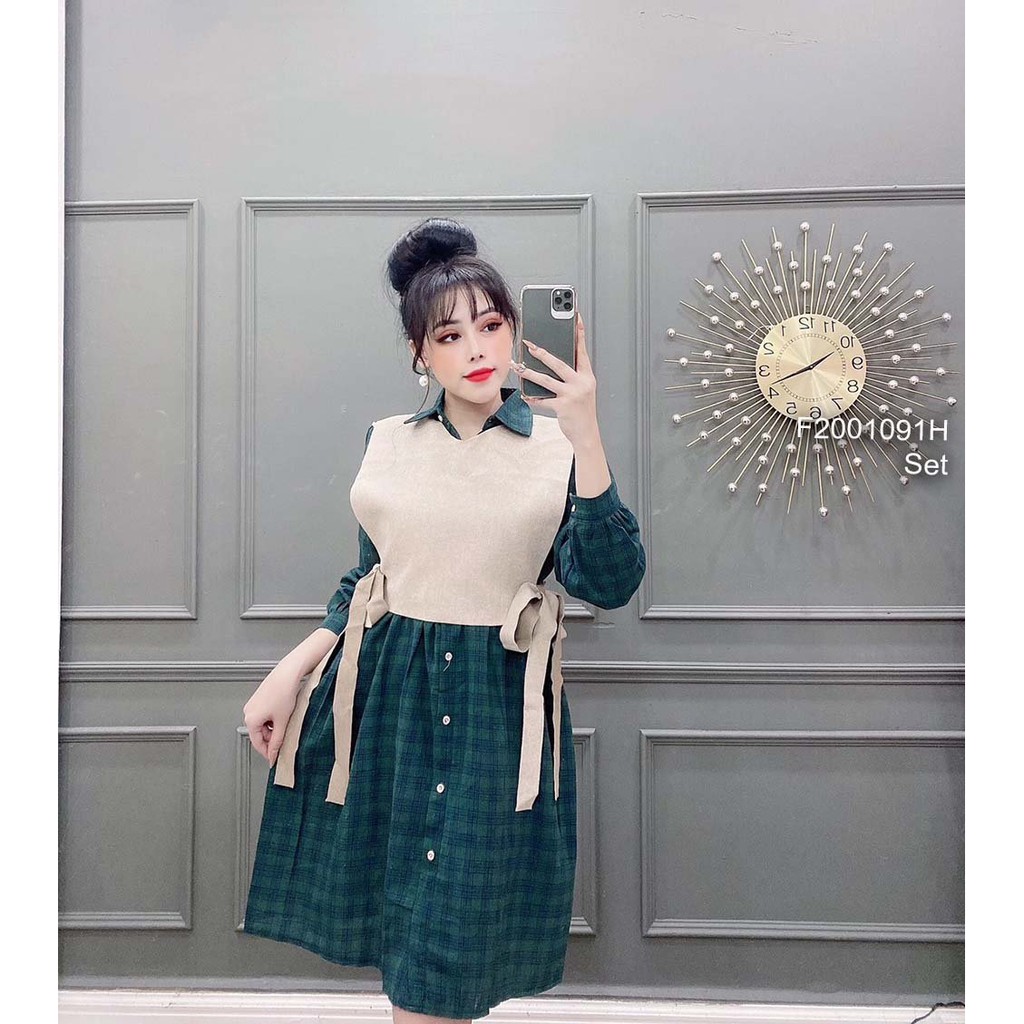 Set đầm caro cổ bẻ tay dài phối áo gilê dạ cột nơ hai bên!
