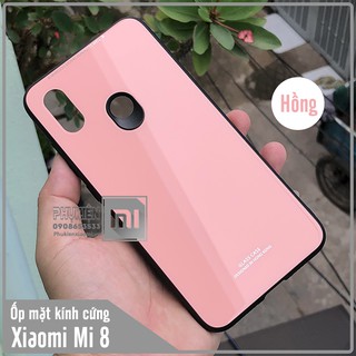 Ốp lưng kính dùng cho máy Xiaomi Mi 8 Mặt kính cứng + viền dẻo màu hồng
