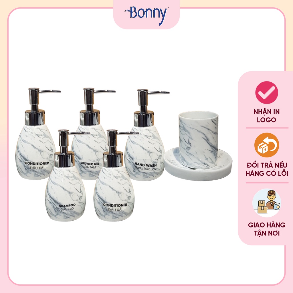 Bình sứ đựng nước rửa tay, dầu gội sữa tắm cao cấp, lọ đựng sữa tắm, nước rửa tay, bình xoài vân đá đen trắng, lọ 200ml