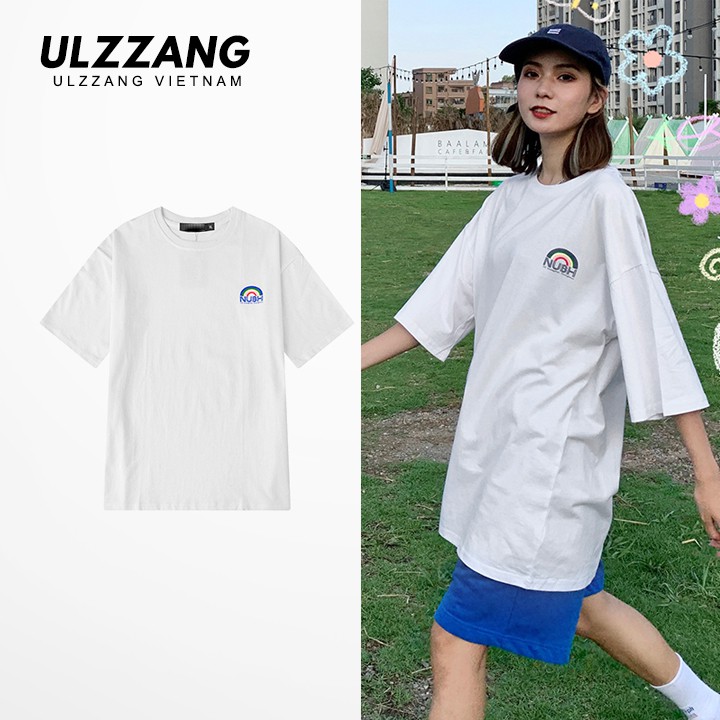 Áo thun tay lỡ ULZZANG cotton dáng unisex form rộng in hình cầu vồng nubh | BigBuy360 - bigbuy360.vn