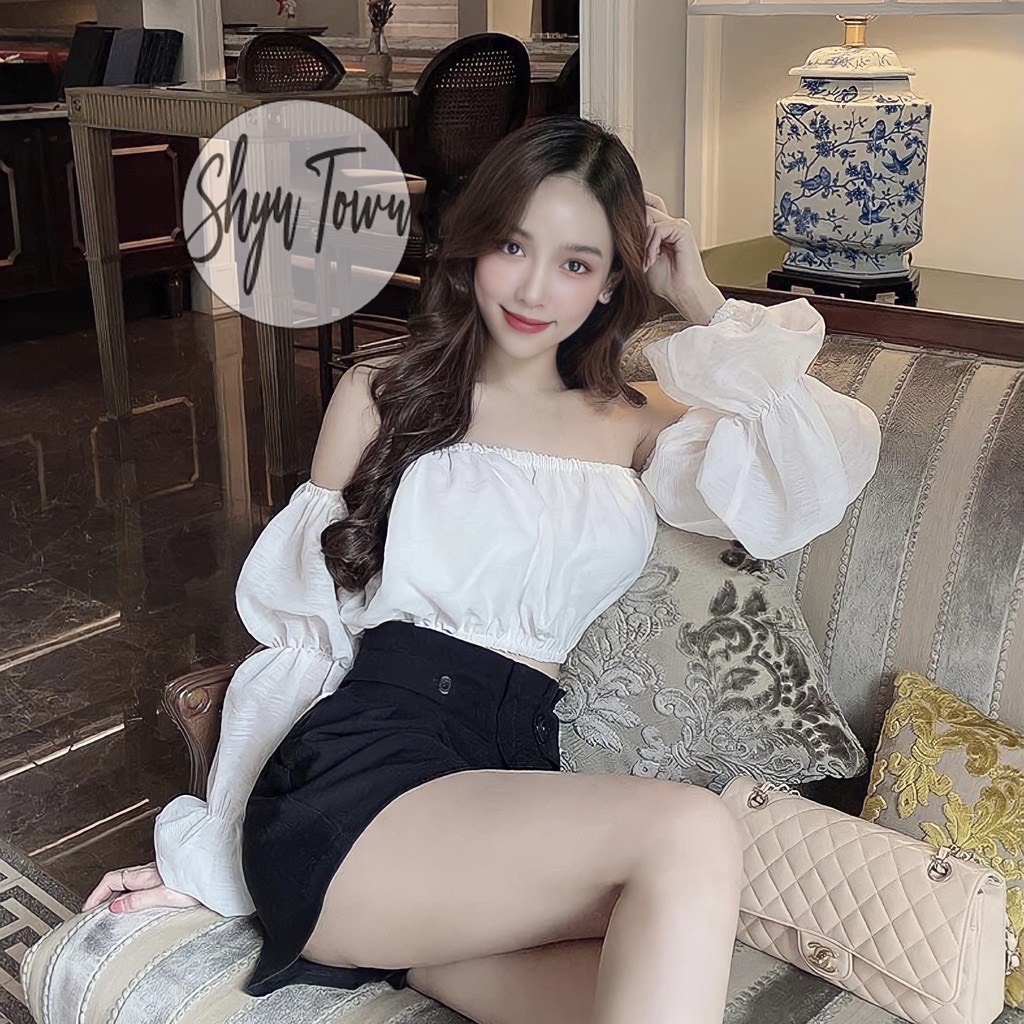 Áo trễ vai croptop tay bồng tiểu thư, Áo hở vai gợi cảm 2 màu trắng/đen - ShynCloseto