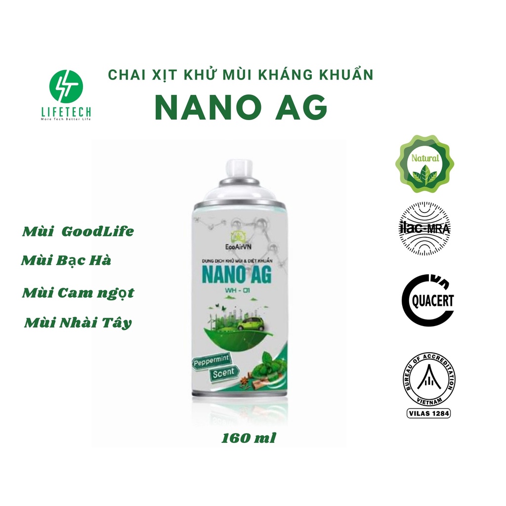 Chai xịt khử mùi Nano bạc 160 ml gas- EcoAirVN- Lifetechstore