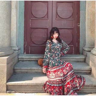Đầm xoè maxi lụa cổ V tay dài