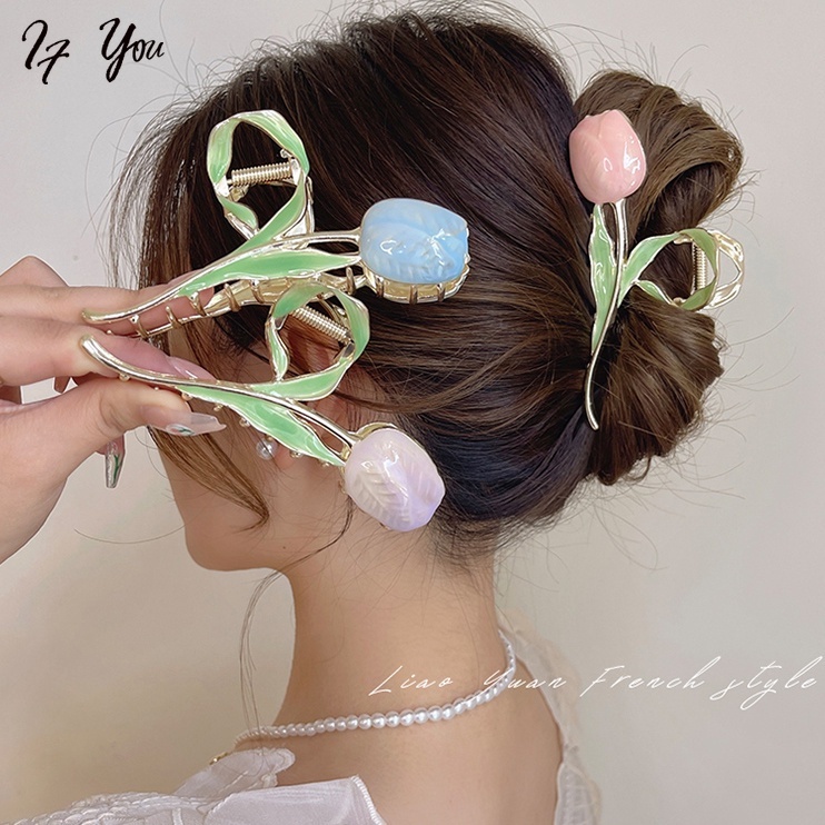 Kẹp tóc AY hình hoa tulip bằng kim loại thời trang cho nữ