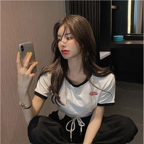 Áo Thun Cotton Tay Ngắn Hở Vai Phối Màu Tương Phản Thời Trang Hàn Quốc 2022 Cho Nữ