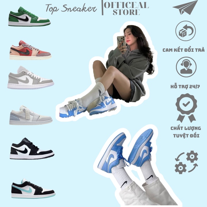 Giày jordan cổ thấp xám đế xanh, Giày jordan 1 low xanh ngọc, smoke panda paris, JD đen trắng cực đẹp full phụ kiện