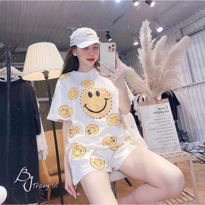 Set Thun Mặt Cười Kèm Short - Bộ Áo Thun Tay Lỡ Form Rộng Hoạ Tiết ICon Dễ Thương Kèm Quần Đùi Cạp Chun
