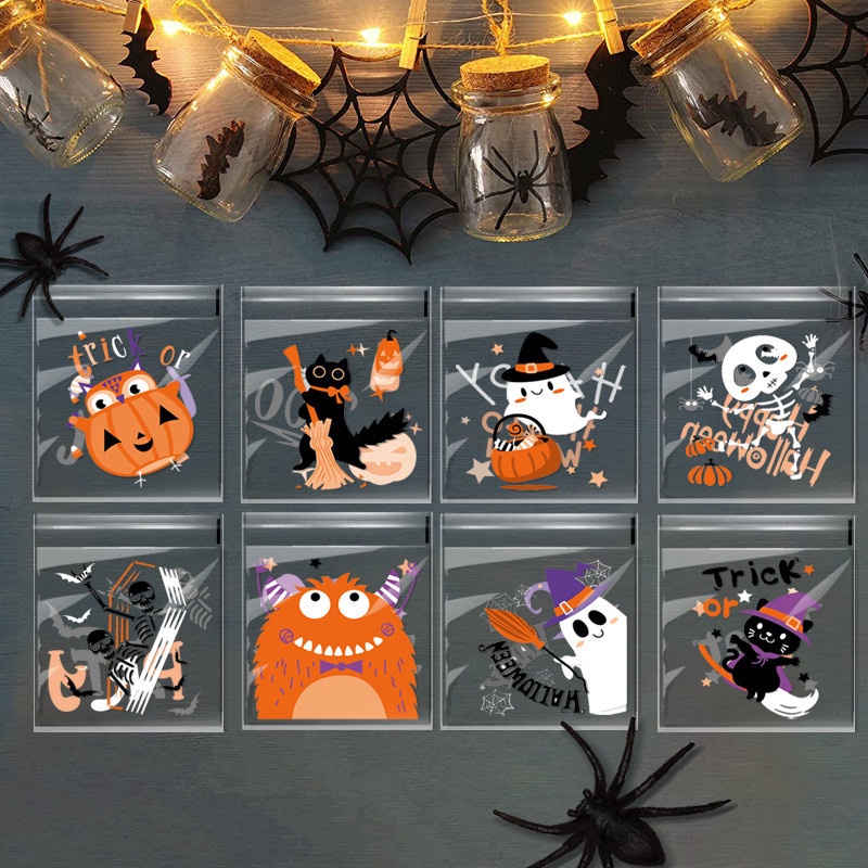 Set 100 Túi Nhựa Đựng Bánh Kẹo Tự Dính Họa Tiết Halloween