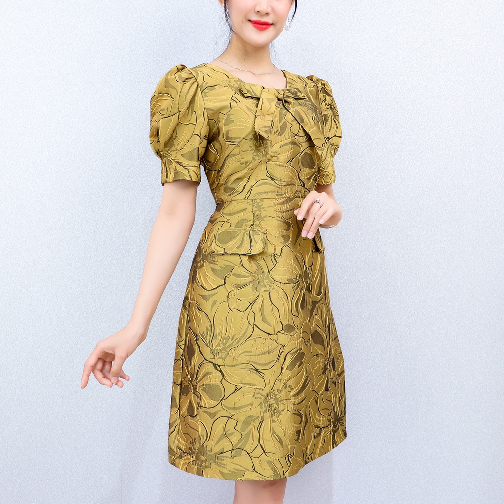 Váy Gấm Dự Tiệc Sang Trọng Bigsize AMYRA, Thiết Kế Dáng Xòe Đứng Form Tay Phồng Đính Nơ Cao Cấp DA175