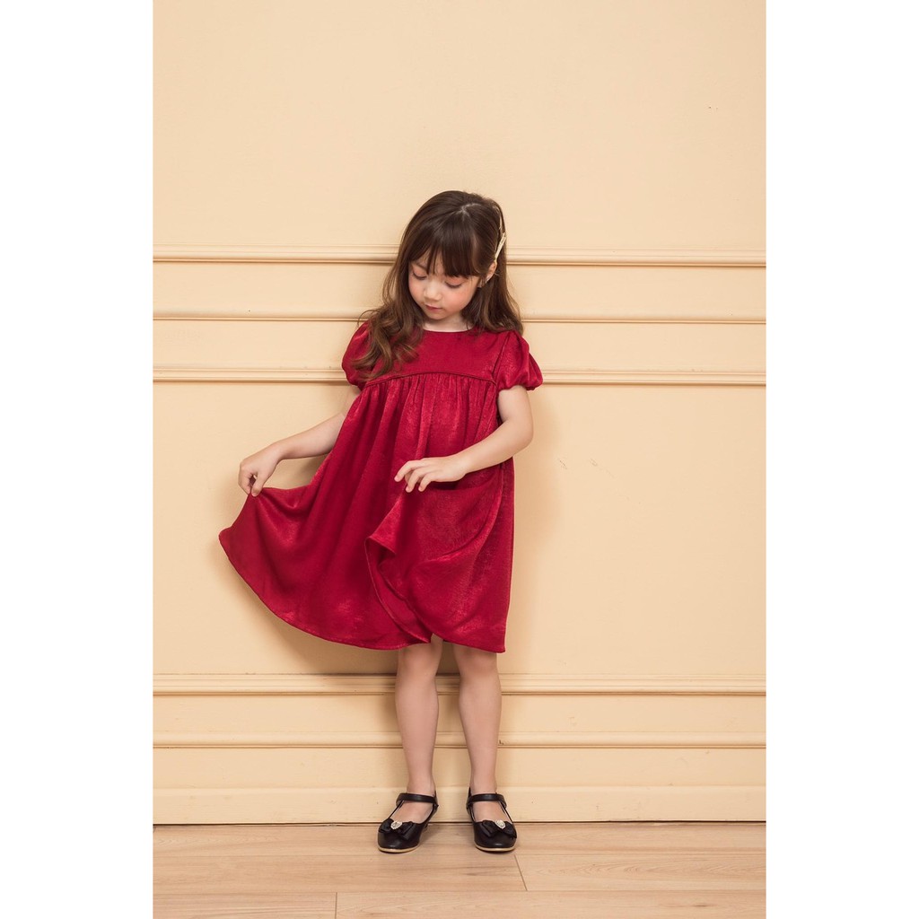 [Maruhouse]Thiết Kế Cao Cấp_Váy Đầm Tiểu Thư Lụa Nhung Đỏ Sang Chảnh Nơ Eo Cực Xinh Cho Bé Gái từ 2-8 tuổi