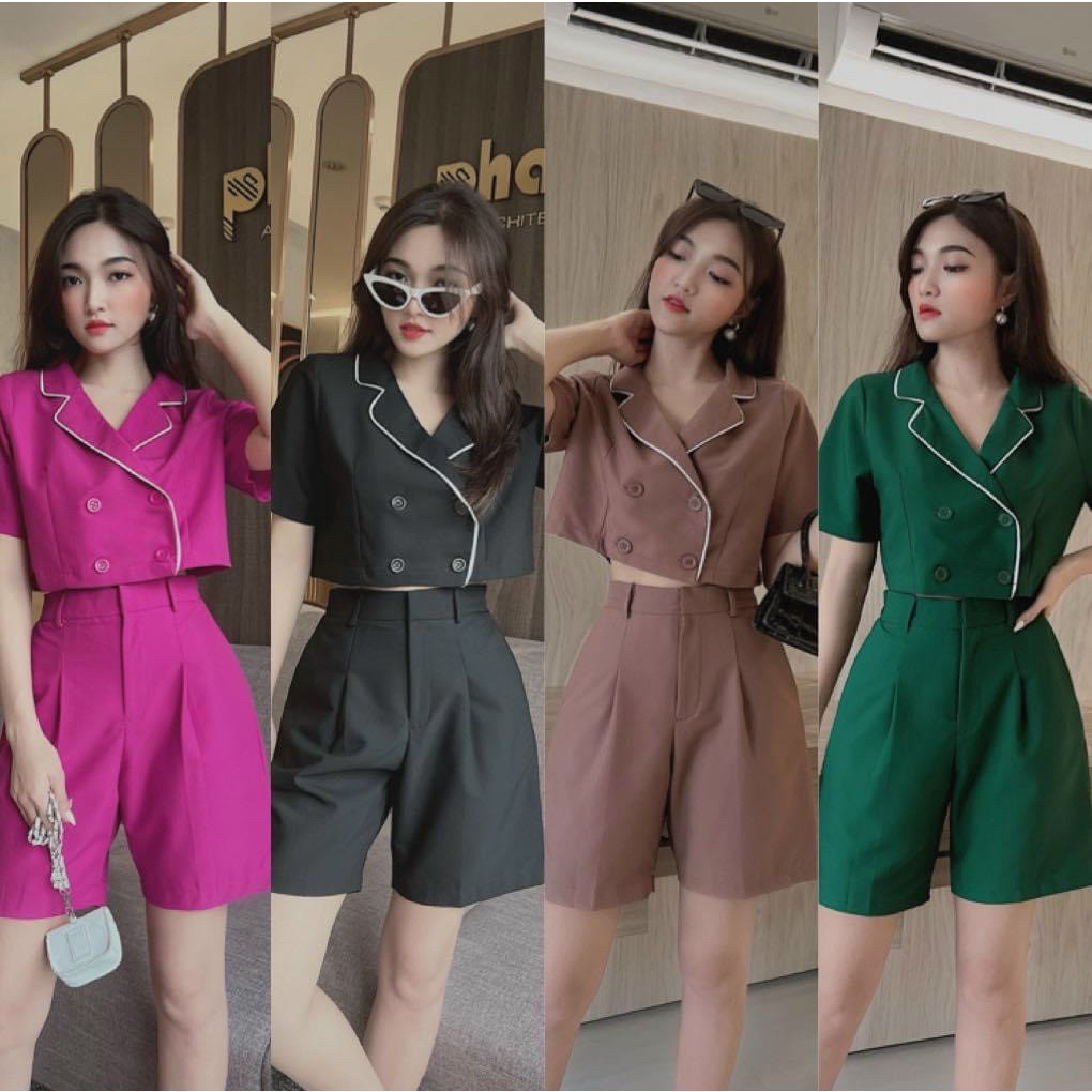 Sét bộ nữ kiểu dáng trẻ trung gồm áo croptop cổ vest phối viền trắng,tay ngắn phối quần short thời trang