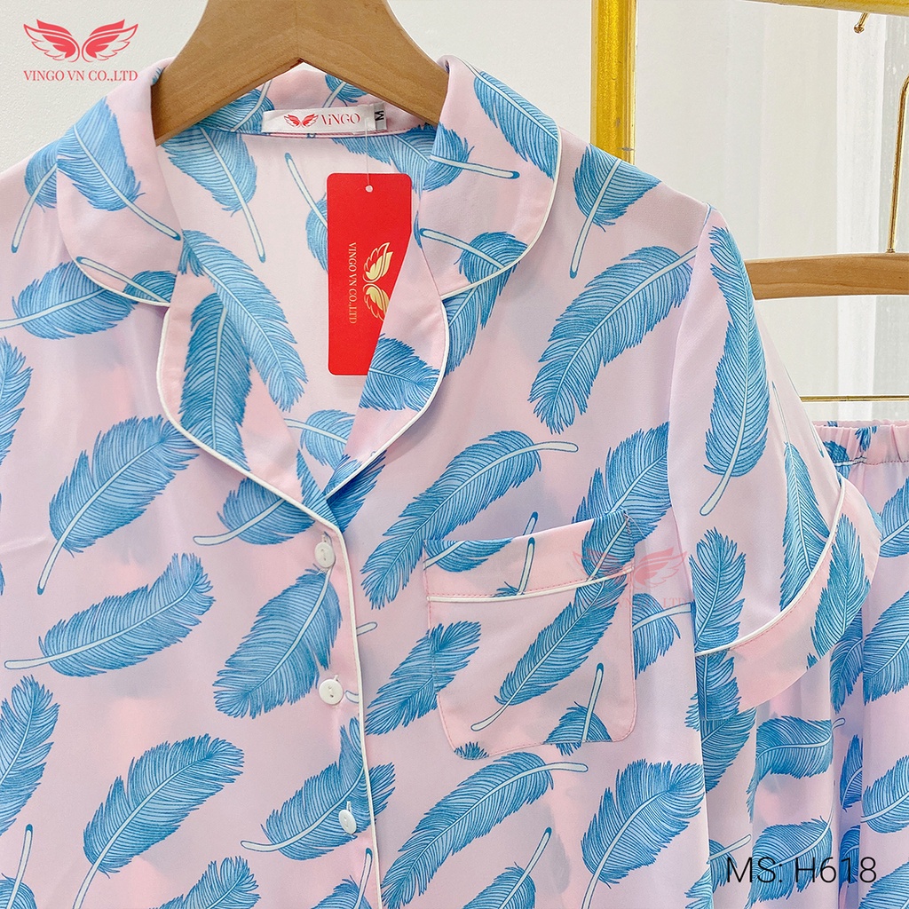 Đồ bộ nữ pyjama mặc nhà VINGO cát Hàn cao cấp tay cộc quần dài mùaThu Đông ấm áp họa tiết lông vũ 2 màu H618 - TCQD | BigBuy360 - bigbuy360.vn