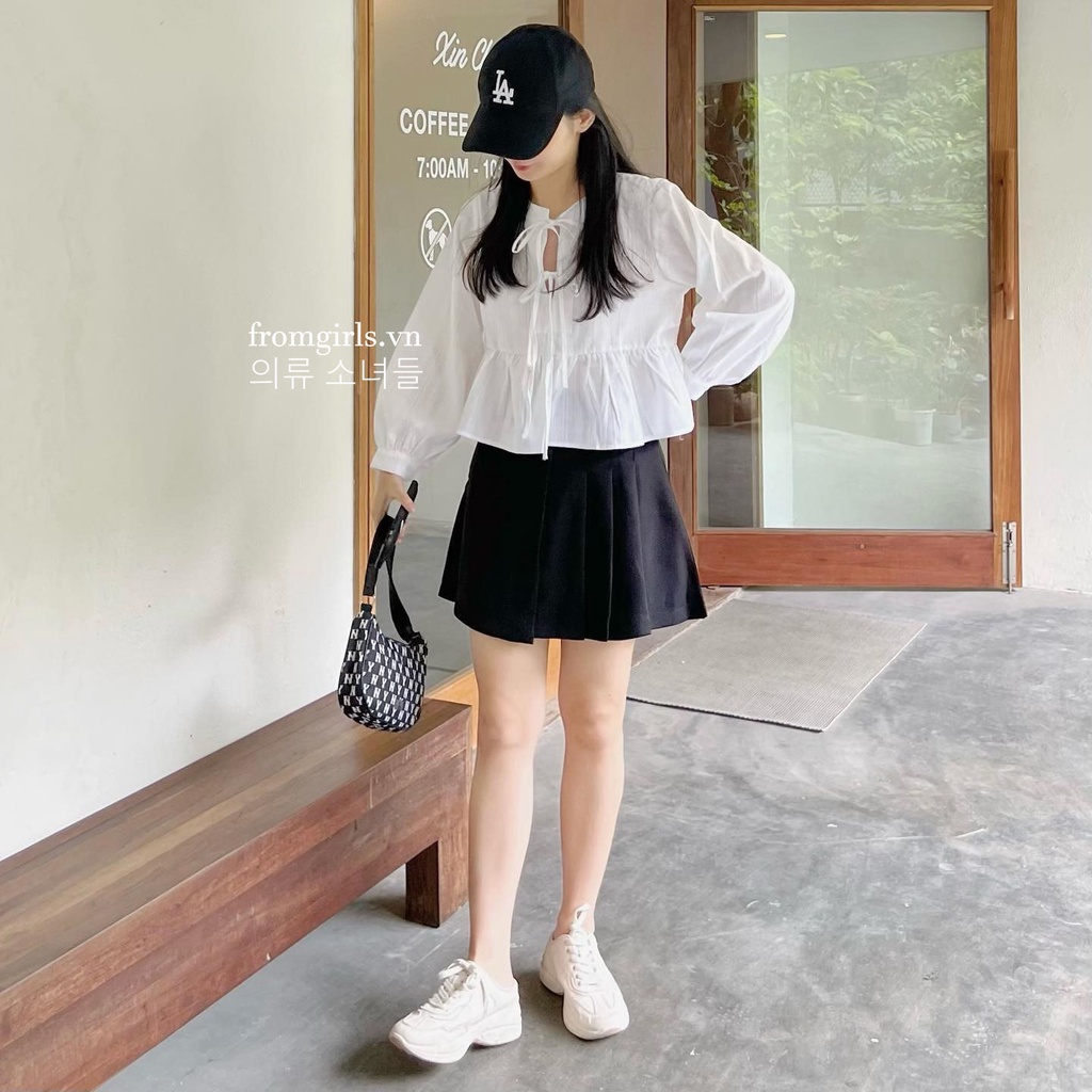 Áo babydoll buộc dây dáng ngắn, áo sơ mi dài tay croptop vạt xòe - SET24