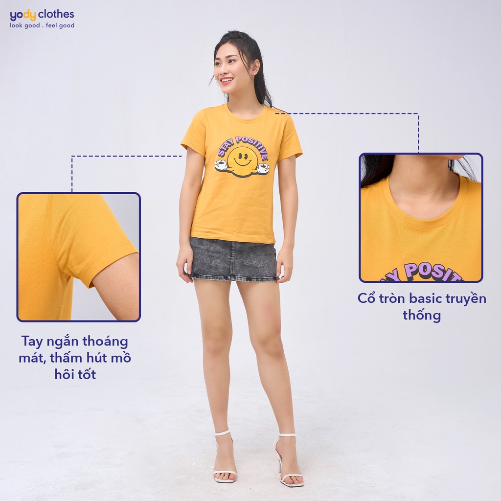 Áo thun nữ in hình YODY vải cotton thoáng mát chũ Stay Positive - AR Collections TSN5324