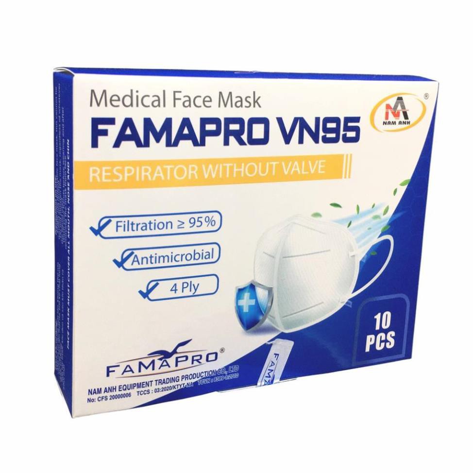 (Hộp 10 Cái) Khẩu Trang Y Tế FAMAPRO VN95 4 Lớp Nam Anh - Khẩu Trang Bảo Hộ Ép Cứng Chống Bụi Mịn / Vi Khuẩn