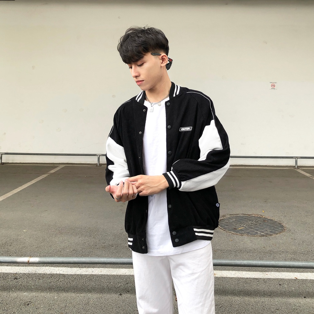 Áo khoác bóng chày nam vải nhung đũa màu đen local brand ONTOP - Corduroy Baseball Jacket O15-AK4