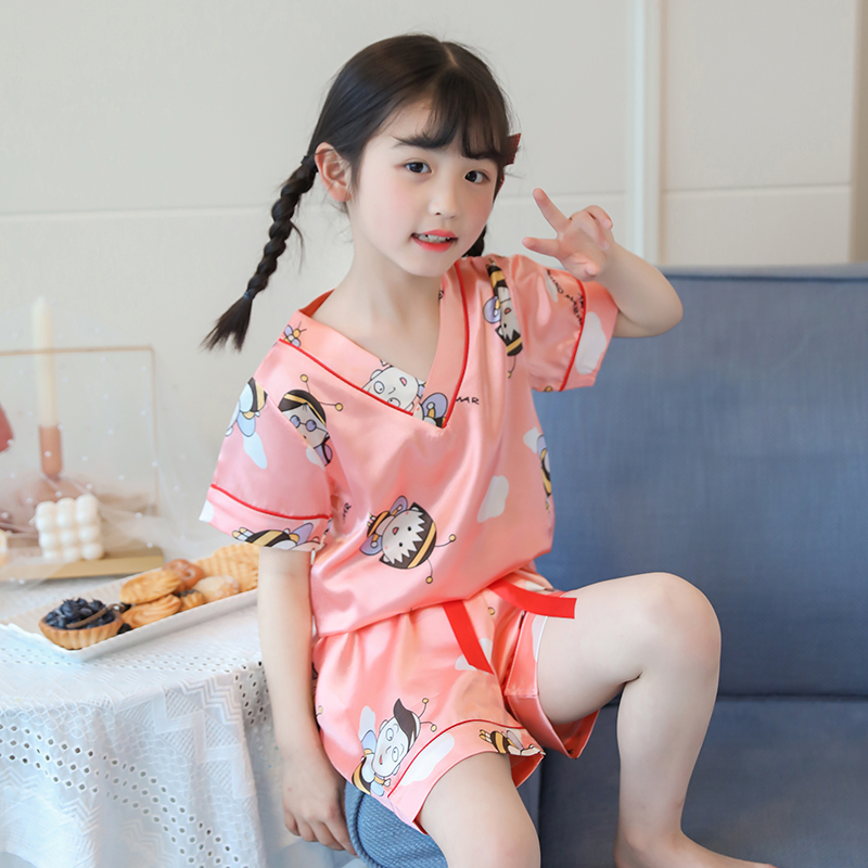 Trai Gái Bộ Đồ Ngủ Pijama Ngắn Tay Vải Lụa Phong Cách Hàn Quốc Cho Bé